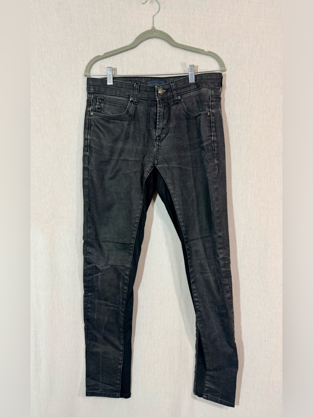 Zara Man 30 Men's Black Slim Fit Jeans coated denim with pannel